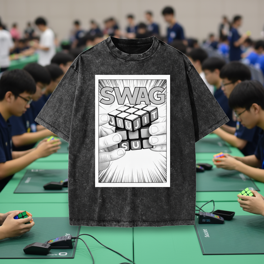 Black t-shirt with a graphic design of a Rubik's cube and text on a white background