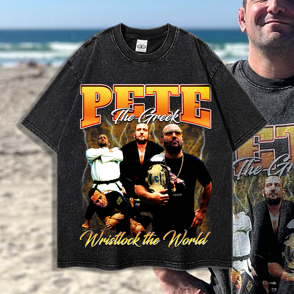 Pete the Greek Wristlock the World - 90's Acid-Washed Vintage Box T-Shirt - BJJ Swag
